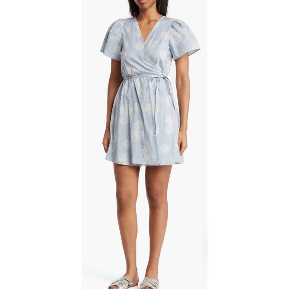 Madewell Floral Cotton Wrap Mini Dress Dusty Blue Size XS. NWOT - Picture 1 of 8